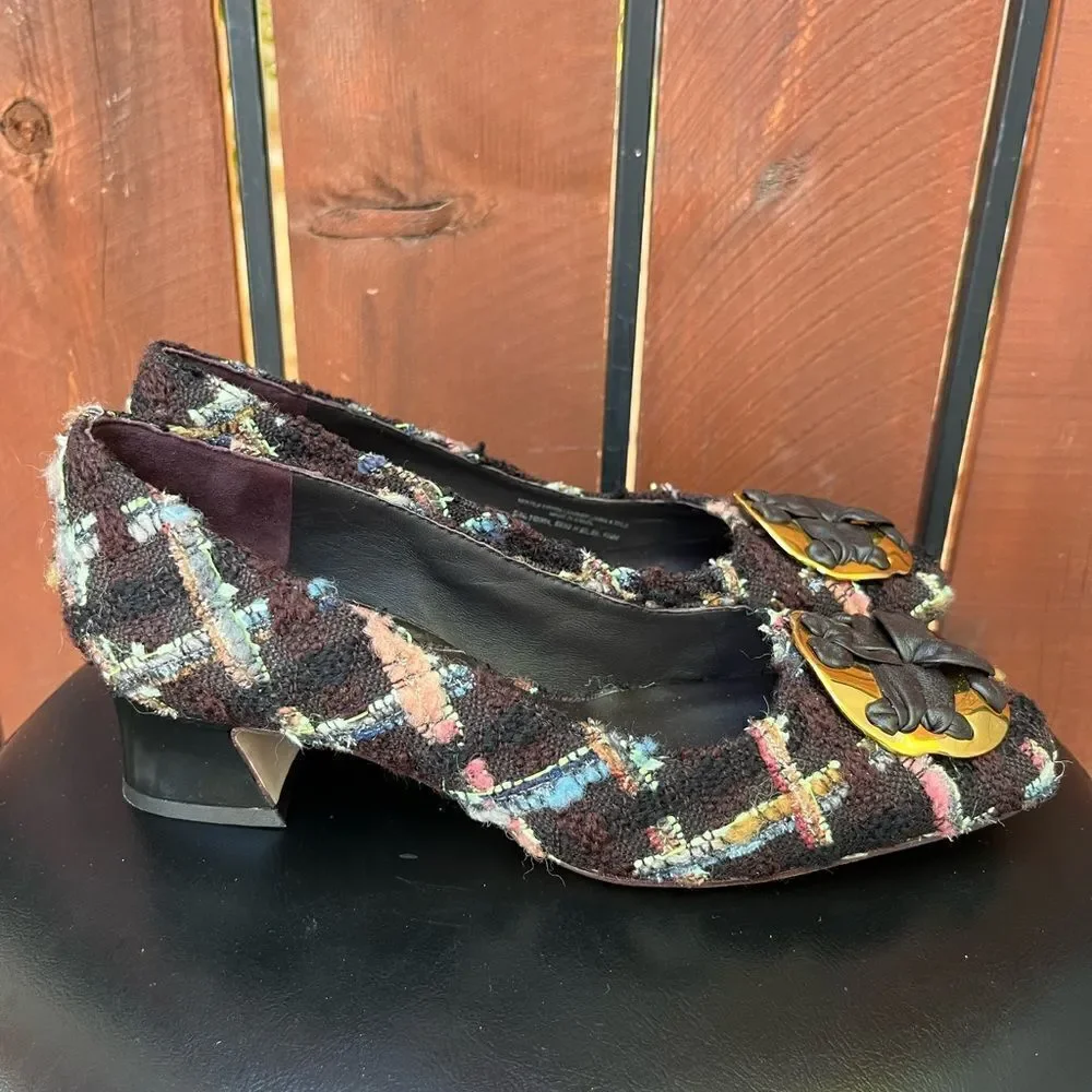Tory Burch Wool Blend Mixed Media Tweed Plaid Pump In Brown/coco Size 6.5